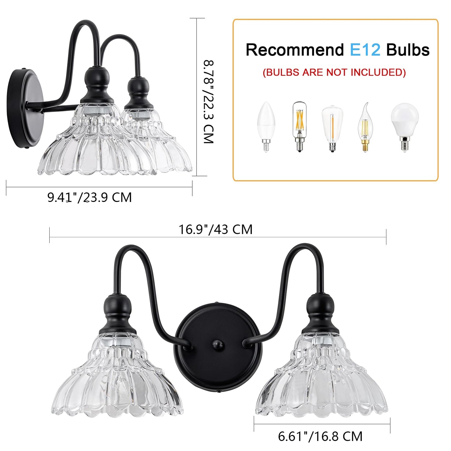 Brknit Vintage Bathroom Light Fixtures Over Mirror  2-Light Black Wall Sconce Lighting With Flower Glass Shade  Farmhouse Vanity Lights For Bedroom Kitchen Living Room Hallway Light