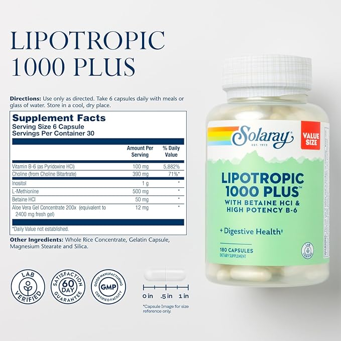 Solaray Lipotropic 1000 Plus with Betaine HCl & High Potency B-6, Healthy Digestion, Energy, and Fat Metabolism Support, Lipotropic Complex Plus Aloe Vera, 60 Day Guarantee, 30 Servings, 180 Capsules