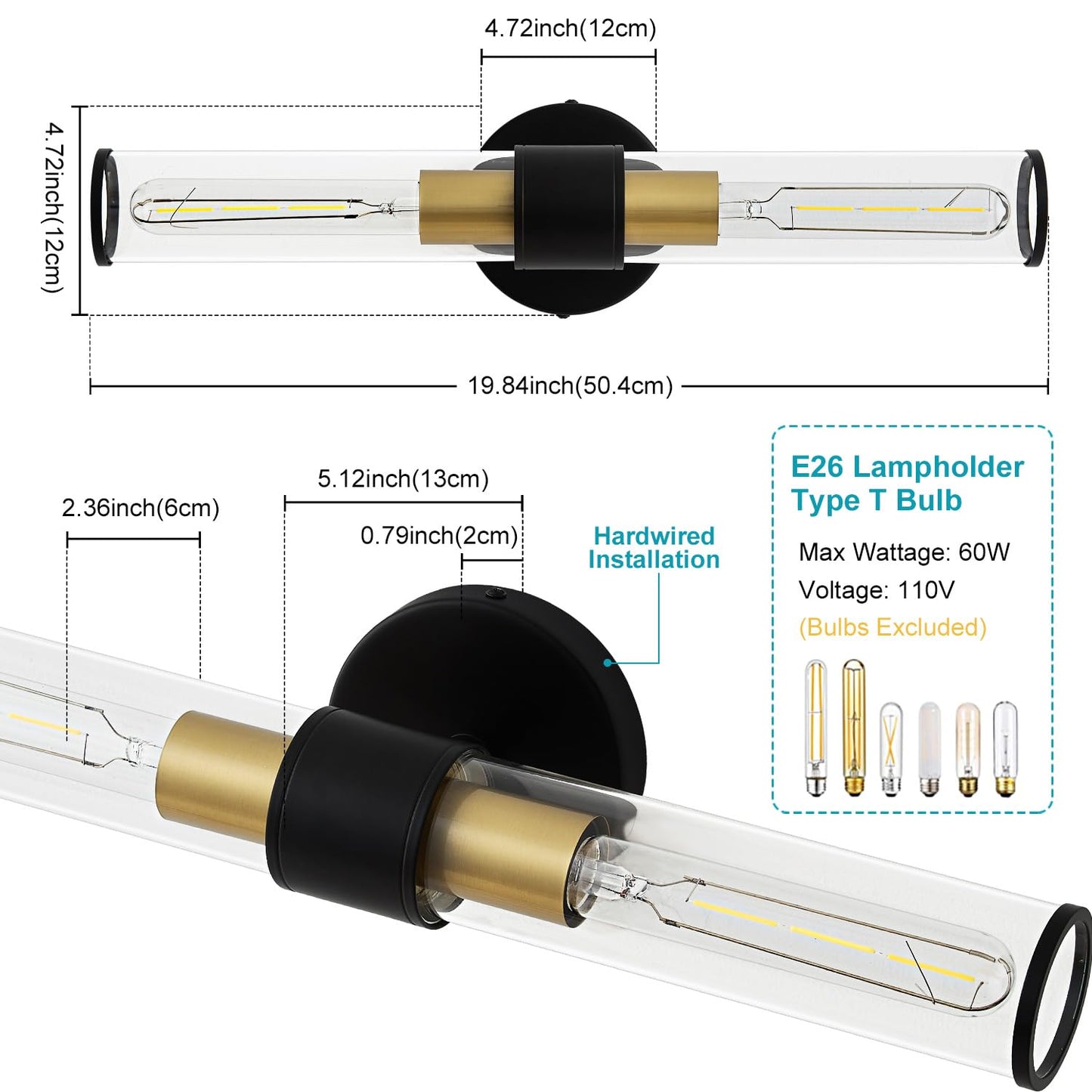Vaziden Black And Gold Wall Sconce  Bathroom Light Fixtures In Clear Glass Indoor Wall Sconces  Modern Sconce Wall Lighting Up And Down Vanity Lights Fixtures For Bathroom - Bulb Not Included