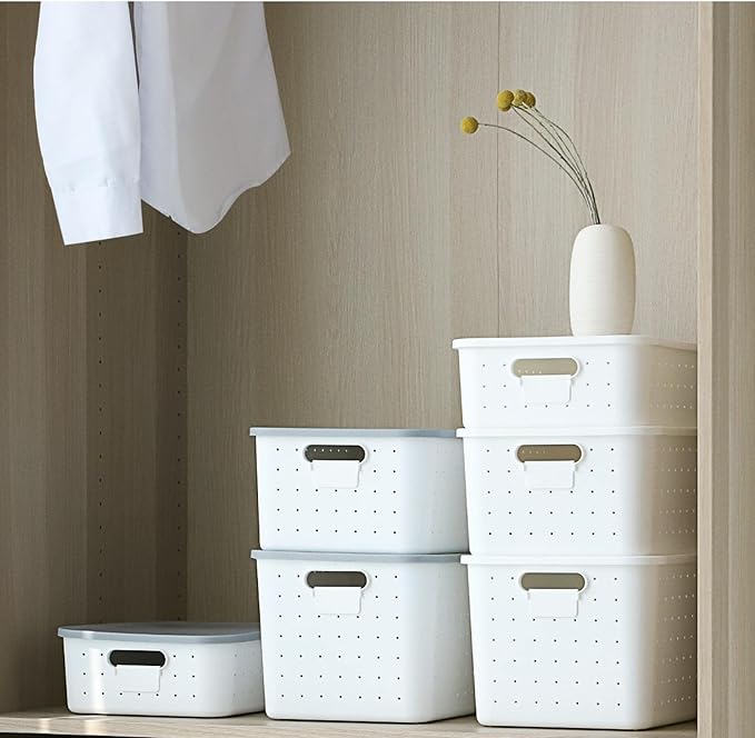 vacane 3 Pack Decorative Storage Bins with Lids, White Plastic Storage Basket for Organizing Stackable Storage Box with Handle on Closets,Classrooms,Offices