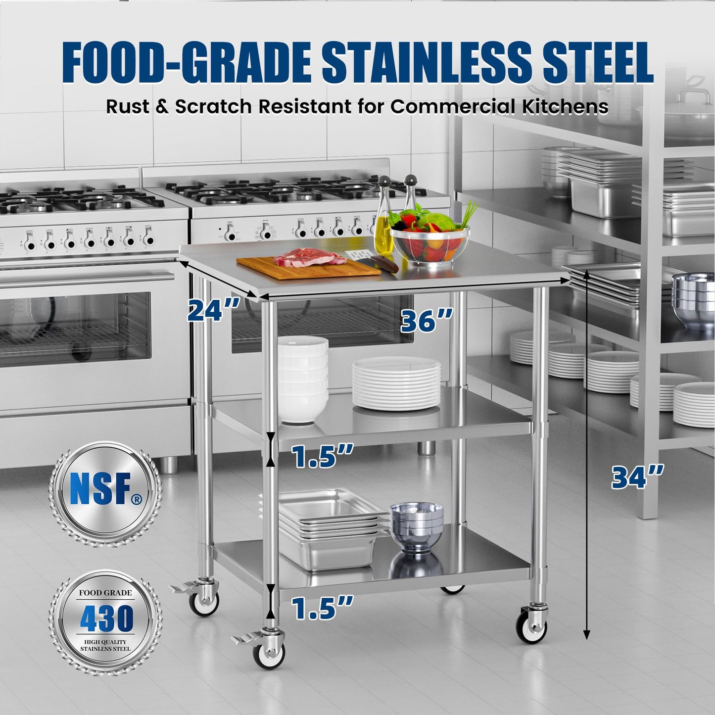 Chingoo Stainless Steel Work Table with Wheels, 24x36 Inch NSF Food Prep Table with Backsplash & 2 Adjustable Undershelves for Commercial Kitchen, Restaurant, Garage