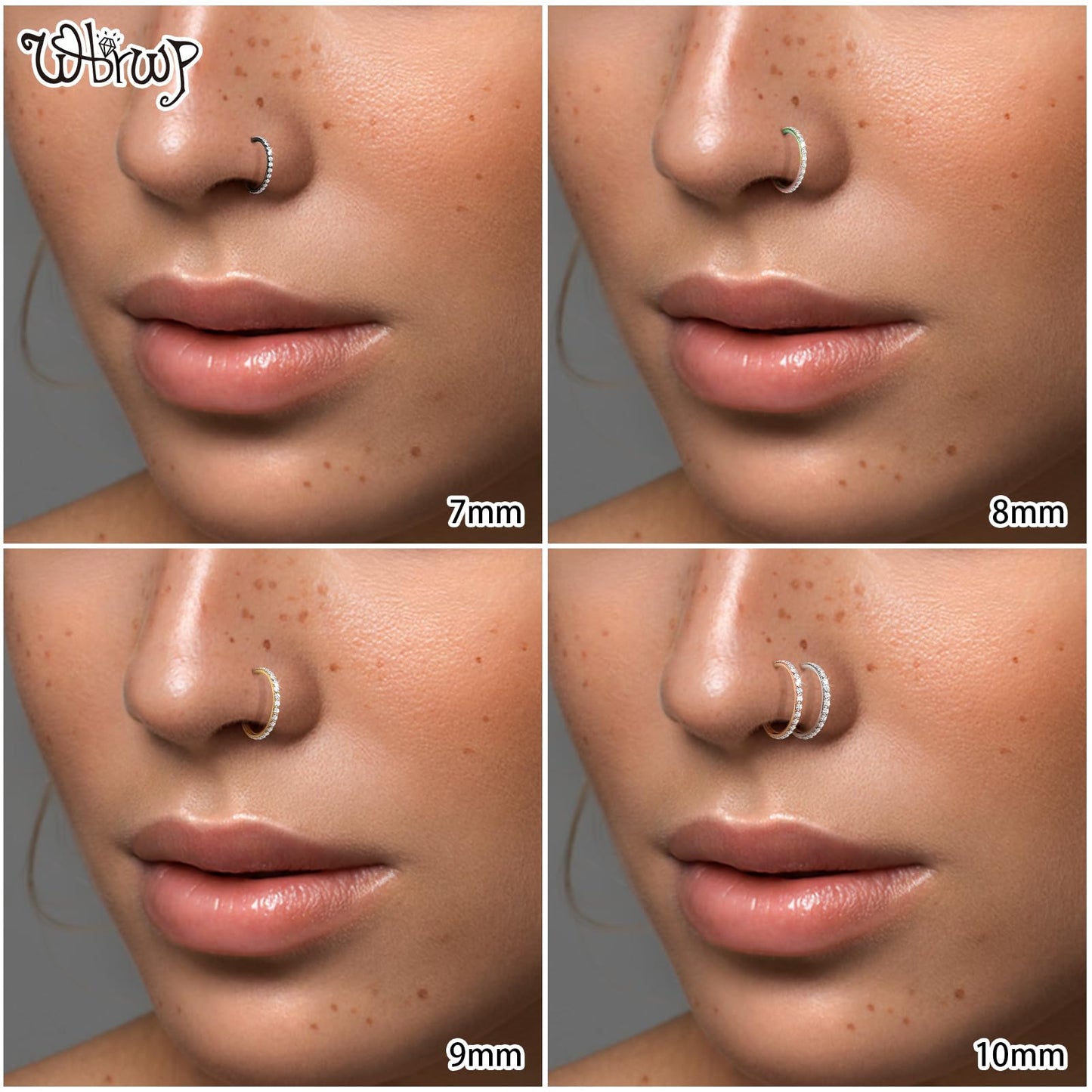 WBRWP 316L Stainless-Steel Hinged Nose-Rings-Hoop : 18G(1.0mm) Womens and Mens Pierecing Ring with Zircon Segment Ring Lip Rings