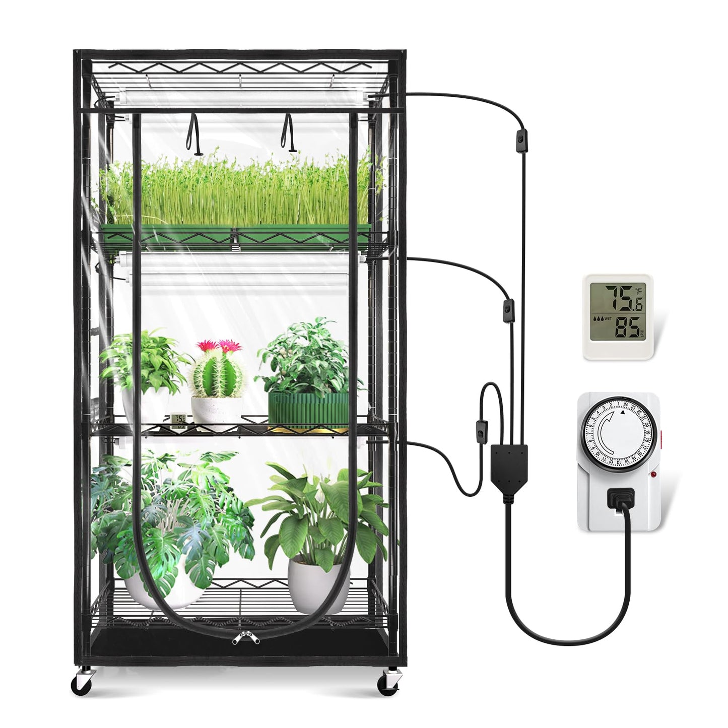 Jesled Indoor Greenhouse With Grow Light  2Ft Full Spectrum 5000K Led Light For Seed Starting  Tiered Lighting Control  Built-In Timer & Thermo-Hygrometer  Rolling Metal Plant Stand (23.6X13.8X59In)