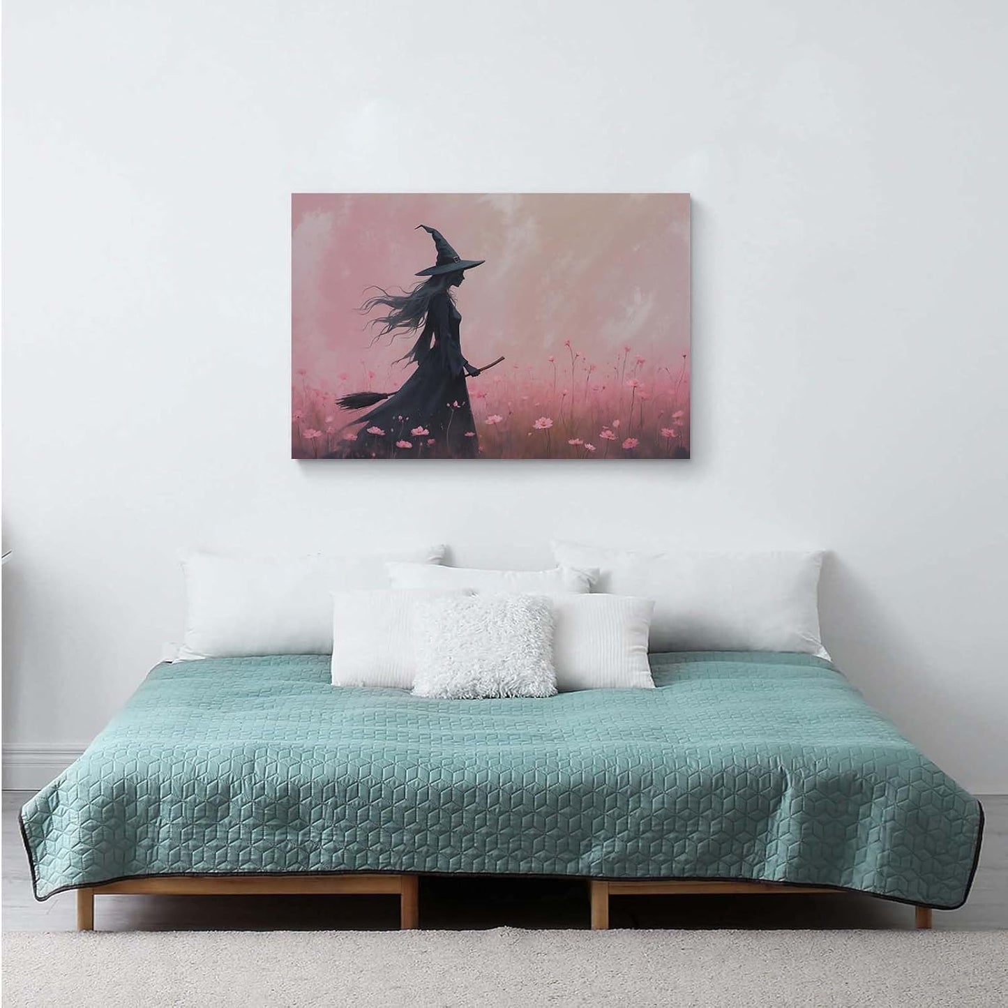 Witch in the pink sea of flowers Halloween prints weird flowers wall art silhouette painting fashionable romantic decoration suitable for bedroom24x36in Wood Framed