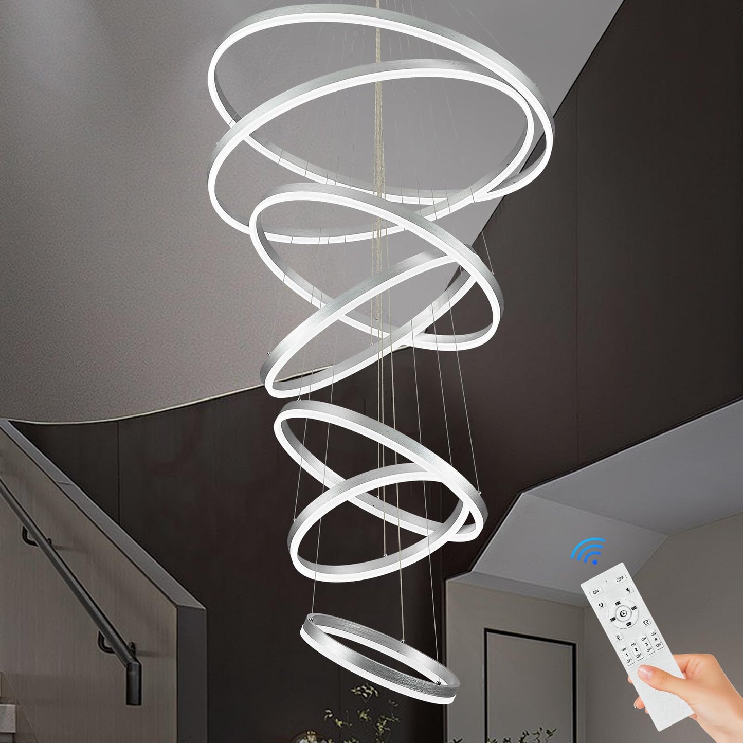 Sparklelf Modern LED Chandelier, 7 Rings 31.5in, Dimmable, Remote Control, Silver Finish, for High Ceilings, Entryway, Dining Room