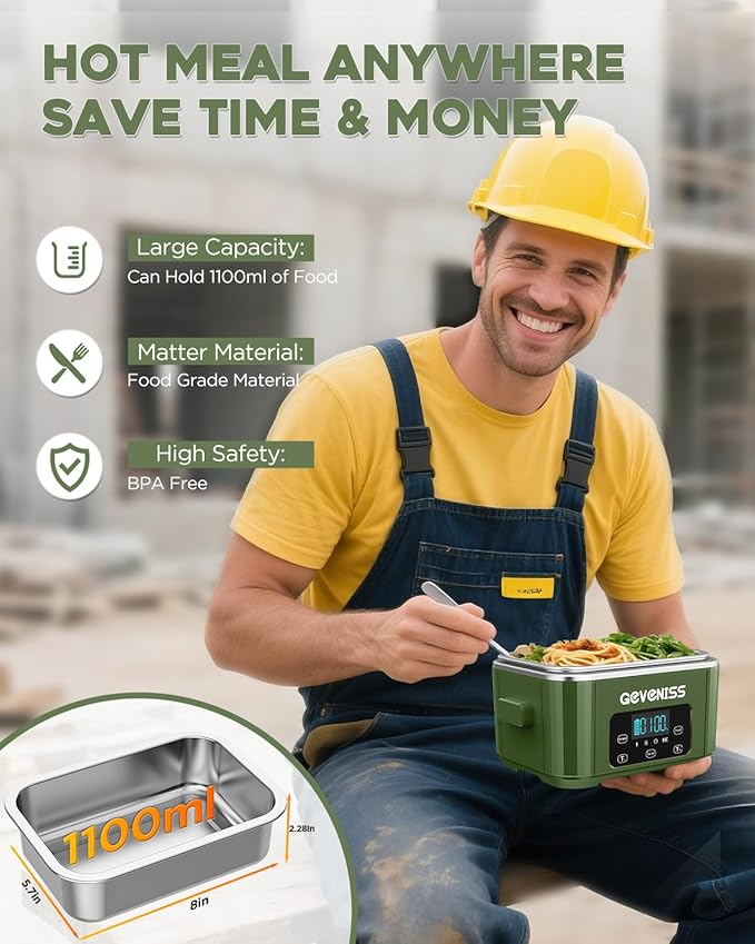 Cordless Electric Lunch Box for Adults – Battery-Powered Heated Lunch Box Food Warmer with 1.1L Stainless Steel Container, Timer Function, Leakproof, Portable for Work, Travel, Office