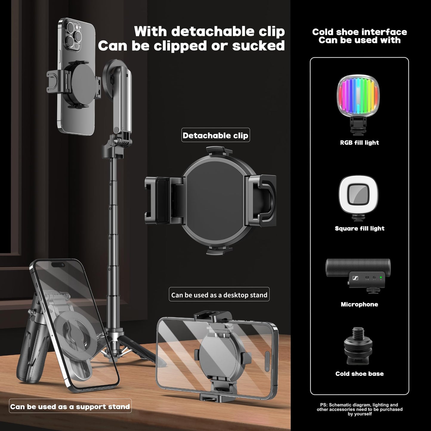 Magnetic Tripod For Phone With Remote Control, Extendable Selfie Stick Handle Grip Pocket Size, 4-In-1 Mini Phone Grip, 10M Wire