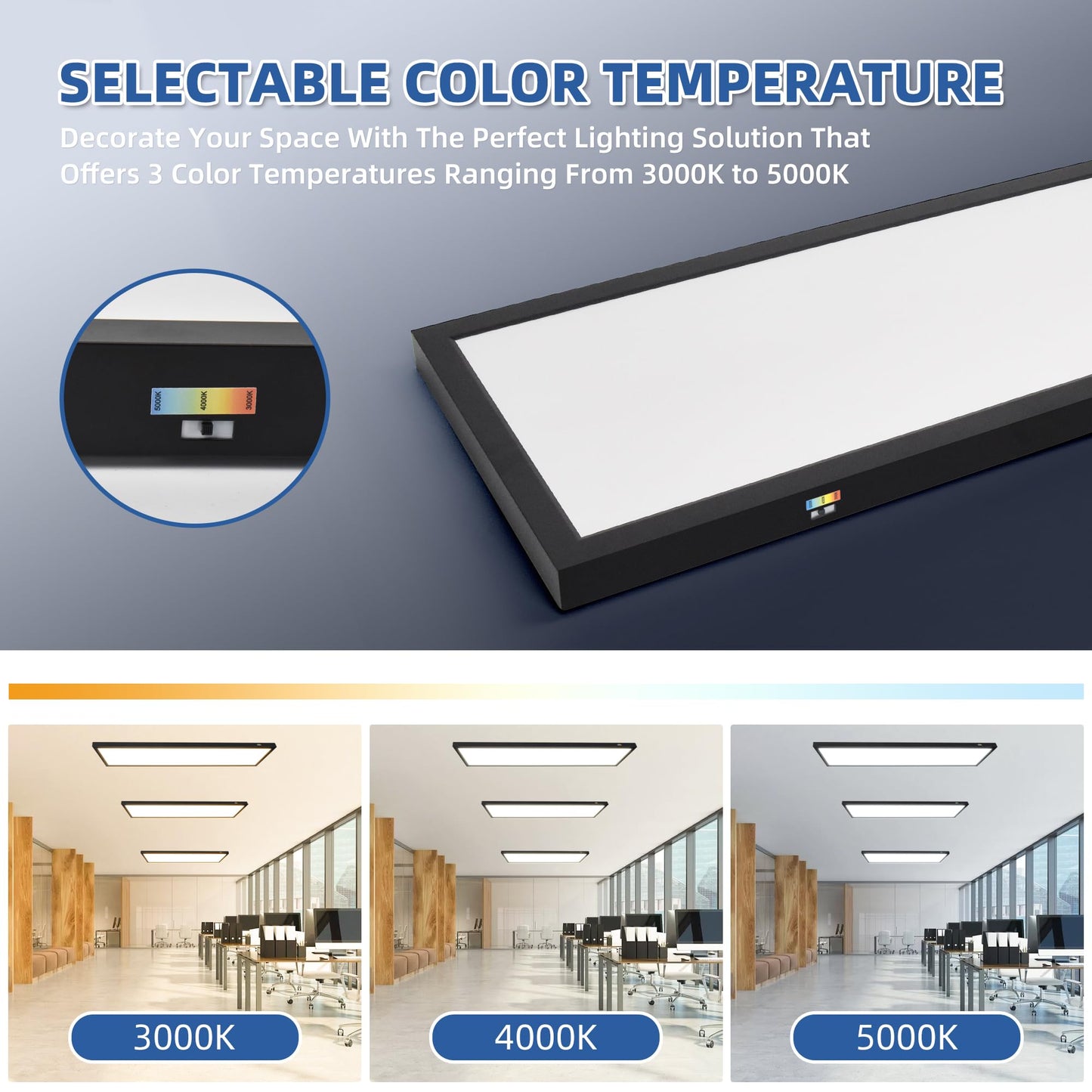 hykolity LED Flat Panel Light 1x4 FT Dimmable 4800lm 48W Selectable CCT Black, Model IPN2-1040-3CT-B,