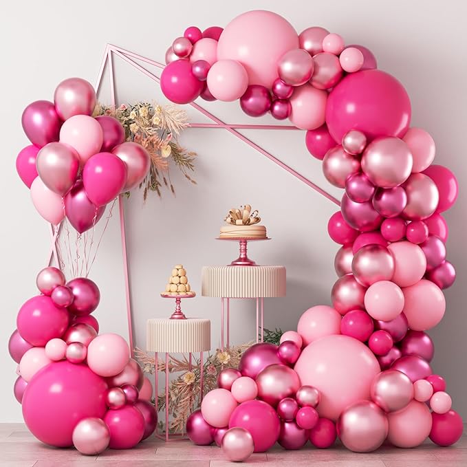 COKAOBE Pink Balloons Garlands Arch Kit, 124pcs Hot Pink Pastel Pink Metallic Magenta Latex Balloons for Wedding Engagemen...