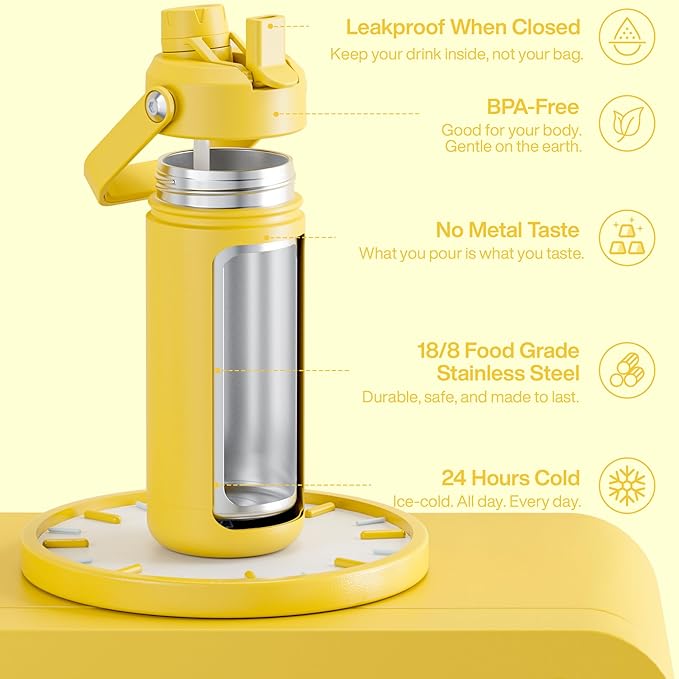 ENCOOL Insulated Water Bottle with Straw Stainless Steel Water Bottle, Leak-Proof, BPA-Free, Double Wall Vacuum Keeps Cold for 24 Hours for Sports, Travel, School (18 oz, Elfin Yellow)