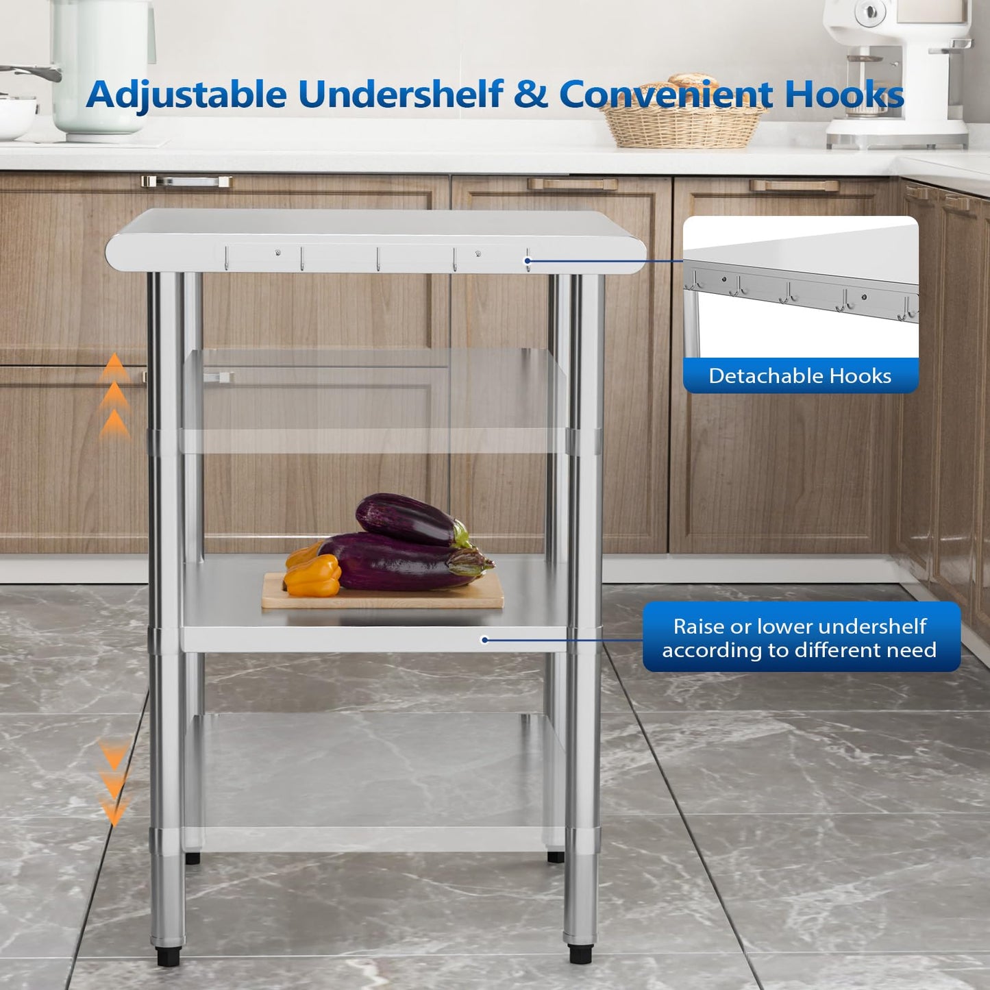 ROVSUN 24'' x 24'' Stainless Steel Table for Prep & Work,Commercial Worktables & Workstations, NSF Heavy Duty Metal Table with Adjustable UnderShelf for Kitchen Restaurant, Home, Hotel, Outdoor