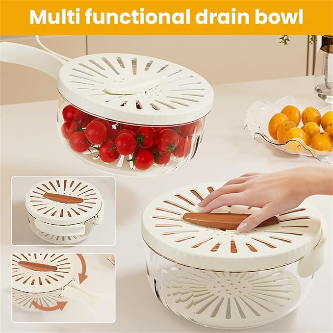 2 in 1 Draining and Preservation Basket, 2 in 1 Drainer and Strainer, Draining and Preservation Basket, Rotating Lid Mechanism, Multifunctional Fruit and Vegetable Washing Bowl (White, Large)