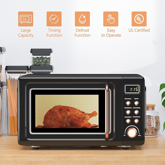 Moccha Retro Microwave, 0.7Cu.ft Compact Microwave, 700-Watt Countertop Microwave Ovens w/5 Micro Power, Delayed Start Function, LED Display, Child Lock, Small Microwave (Black)