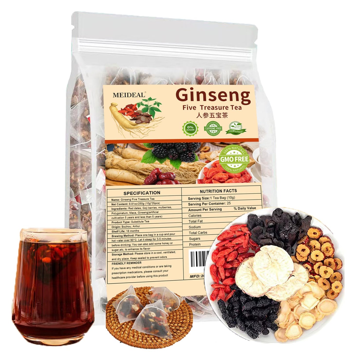 Ginseng Five Treasures Tea  Natural Kidney Tea for Women & Men  6 Precious Ingredients Blend  Organic Ginseng Six Treasures KidneyTea  Chinese Herbal Teabags (25 Pcs 1 Bag)