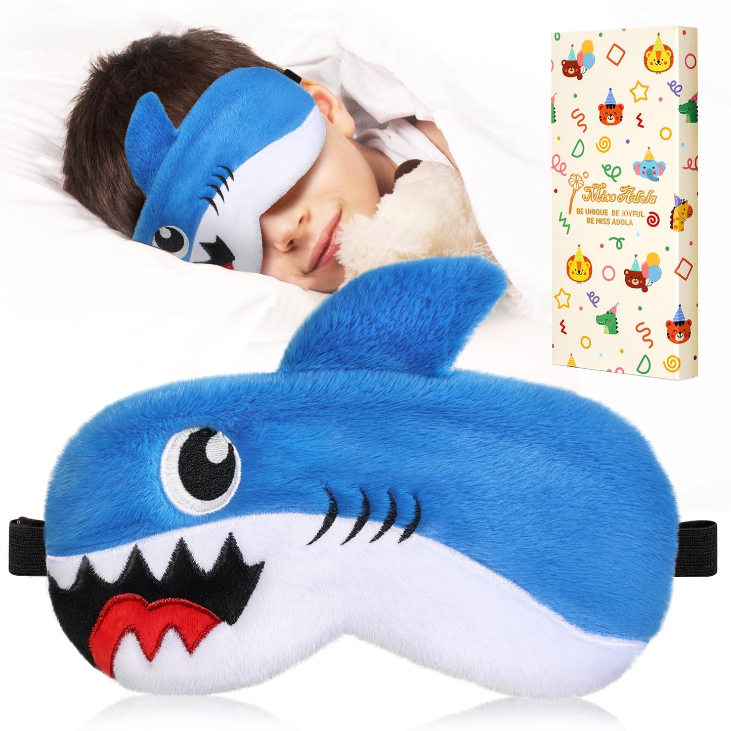 Miss Adola Sleep Mask for Kids - Valentines Gift for Kids Cute Plush Fuffy Sleeping Eye Cover Kawaii Soft Eyeshade Animal Eye Blindfold for Girls Boys Teens with Adjustable Strap, Shark