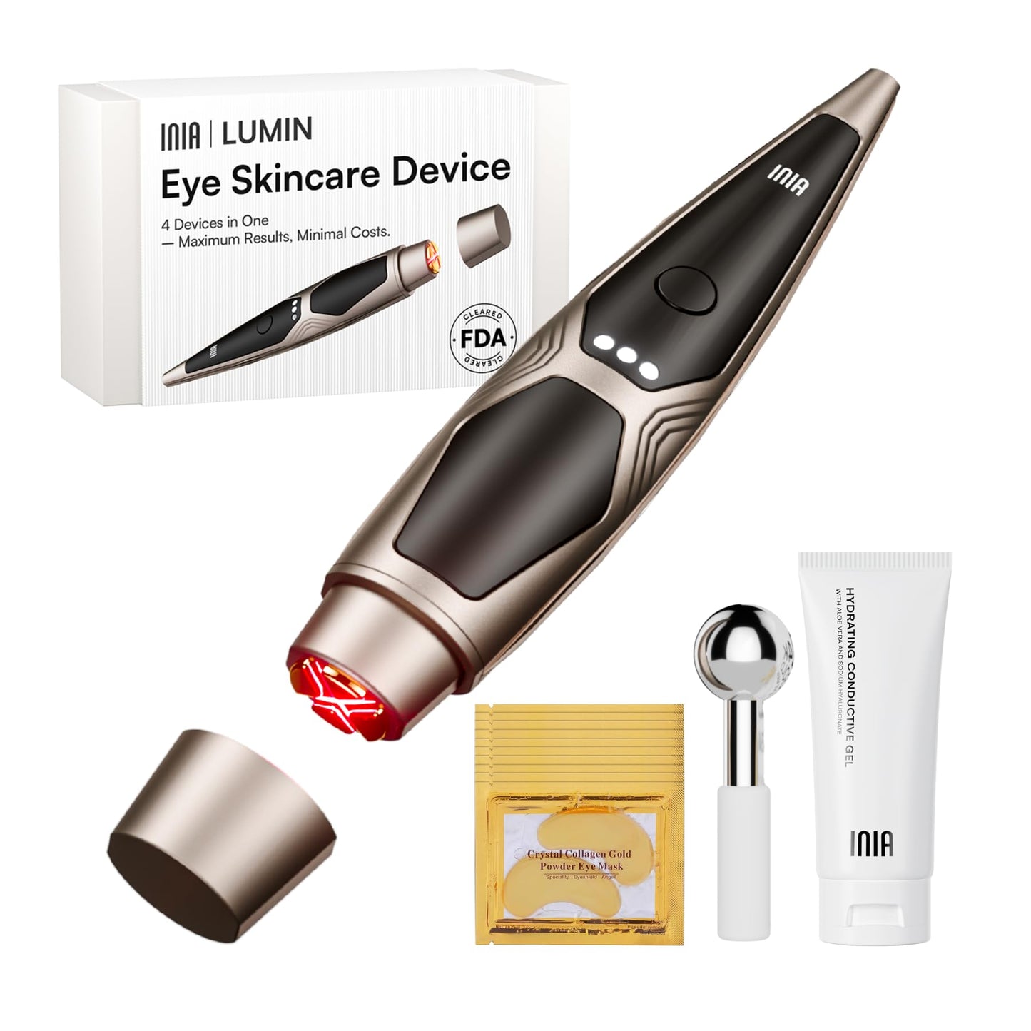 INIA Under-Eye Red Light Therapy for Face, 4-in-1 Beauty Device with Heat, Vibration, Massage & Red Light for Dark Circles, Puff