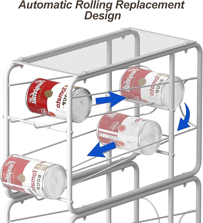 4 Pack Soda Can Organizer, Stackable Metal Can Dispenser for Pantry, Automatic Rolling Canned Food Organizer for Cabinet and Countertop, White.