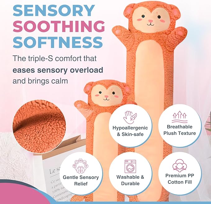 Monkey Plush Body Pillow for Kids | Long Stuffed Animal Cuddle Pillow | Soft Hugging Toy | Plushie Gift for Girls & Boys | Long Plush Body Pillow for Sleep & Comfort | Large, 47 Inches