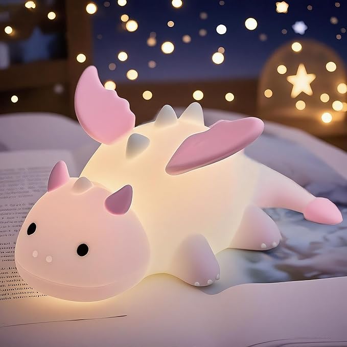 Dragon Night Light, Cute Pink Dragon Gifts, Soft Silicone Lamp with 3 Level Warm Light and RGB Changing, Breastfeeding Nursery Portable Kawaii Bedside Lamp for Baby, Toddler, Boys and Girls