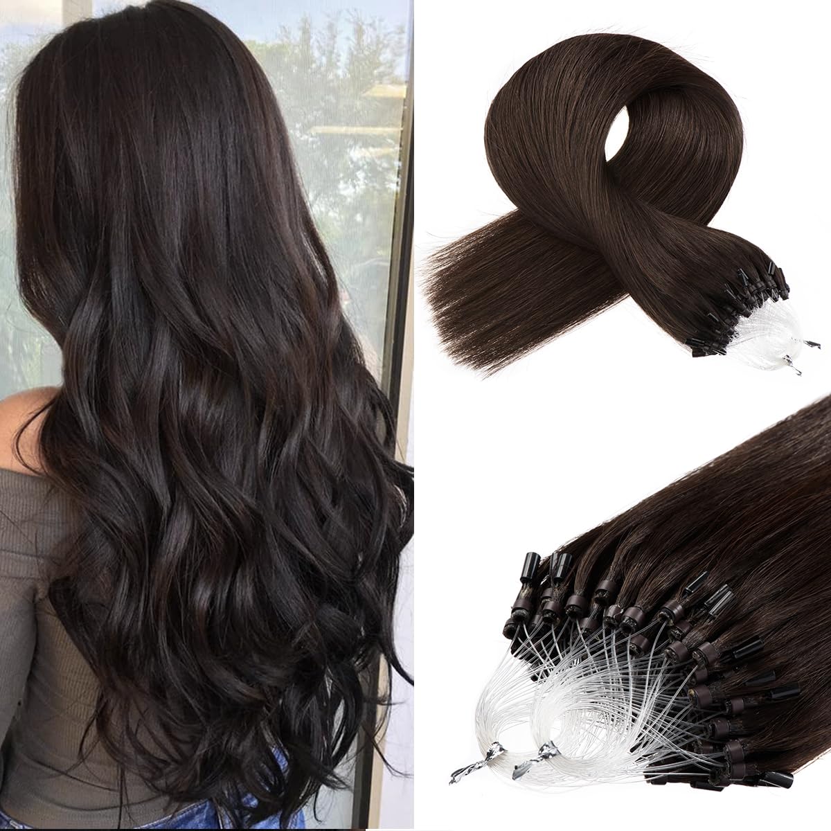 Kpvxxve Micro Loop Human Hair Extensions Brown Micro link Hair Extensions Human Hair #2 Darkest Brown Micro Beads Human Hair 18