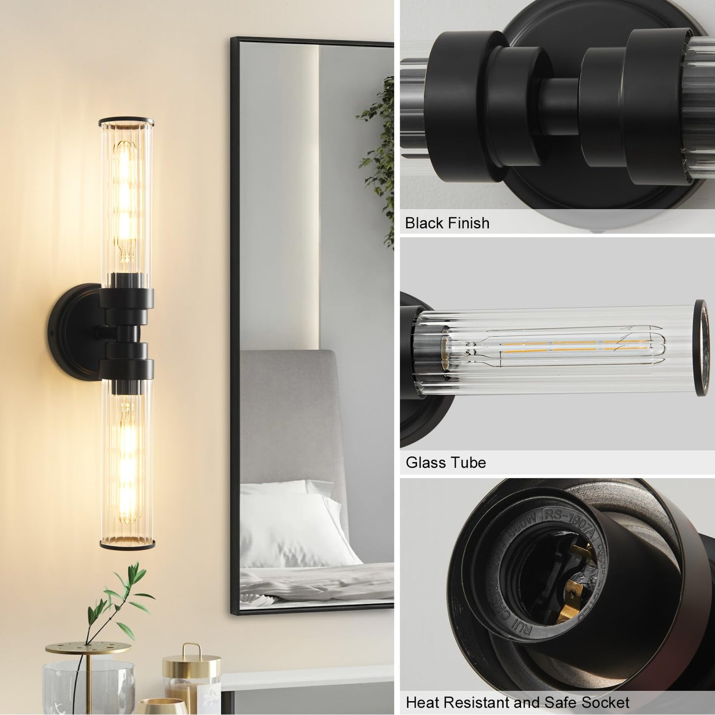 Vaziden Bathroom Light Fixtures  Black Wall Sconce In Threaded Glass Indoor Vanity Lights  Modern Bathroom Vanity Light Up And Down Sconces Wall Lighting For Bathroom  Living Room - Bulb Not Included