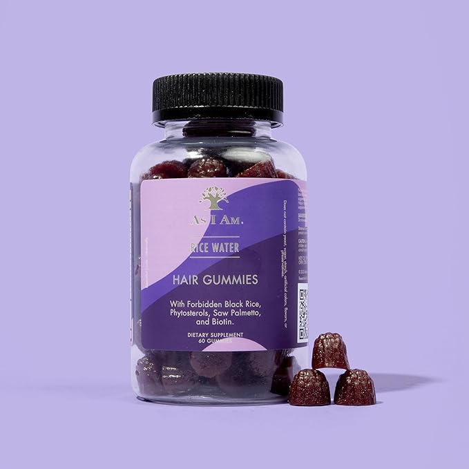 As I Am Rice Water Hair Gummies, 60 Count, 30 Day Supply - with Forbidden Black Rice, Phytosterols, Saw Palmetto, Biotin, Phytonutrients, Essential Vitamins and Minerals.