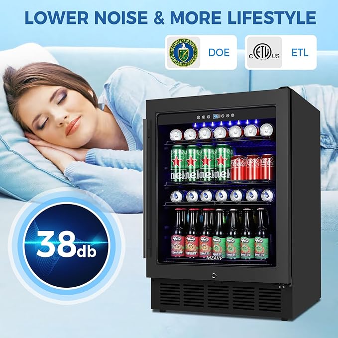 24 Inch Wide Beverage Refrigerator, Under Counter Beverage Cooler with Glass Door, 180 Cans Drink Fridge Built-in/Freestanding Beer Fridge with Powerful Cooling for Home/Kitchen, Black