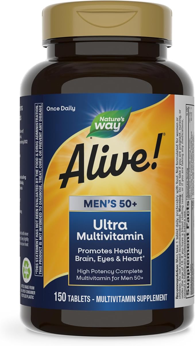Nature's Way Alive! Men’s 50+ Daily Ultra Multivitamin, High Potency Formula, Supports Healthy Brain, Eyes & Heart*, with Methylated B12, Gluten-Free, 150 Tablets