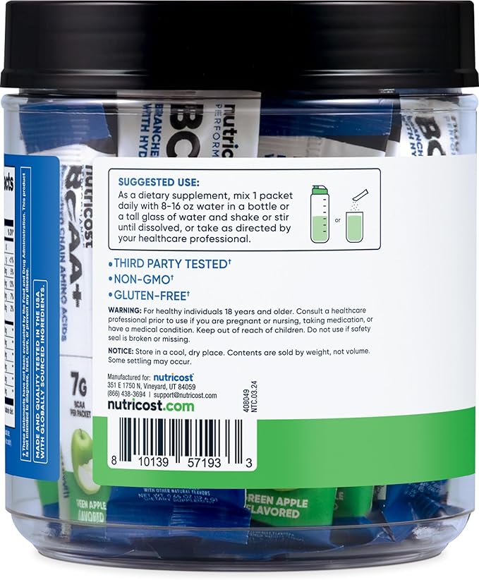 Nutricost BCAA+ Hydration Green Apple Flavored (20 Stickpacks) - Branched Chain Amino Acids with Hydration Complex - Gluten-Free, Non-GMO