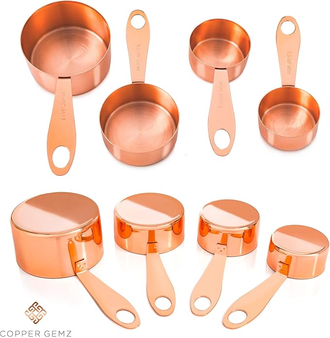 Copper Measuring Cups and Spoons Set of 9 - Premium Gift Packaging + Cooking Conversions Chart. Extra Sturdy Stainless Steel with Copper Finish, Satin and Mirror Polish. Gift Under 25 Dollars.