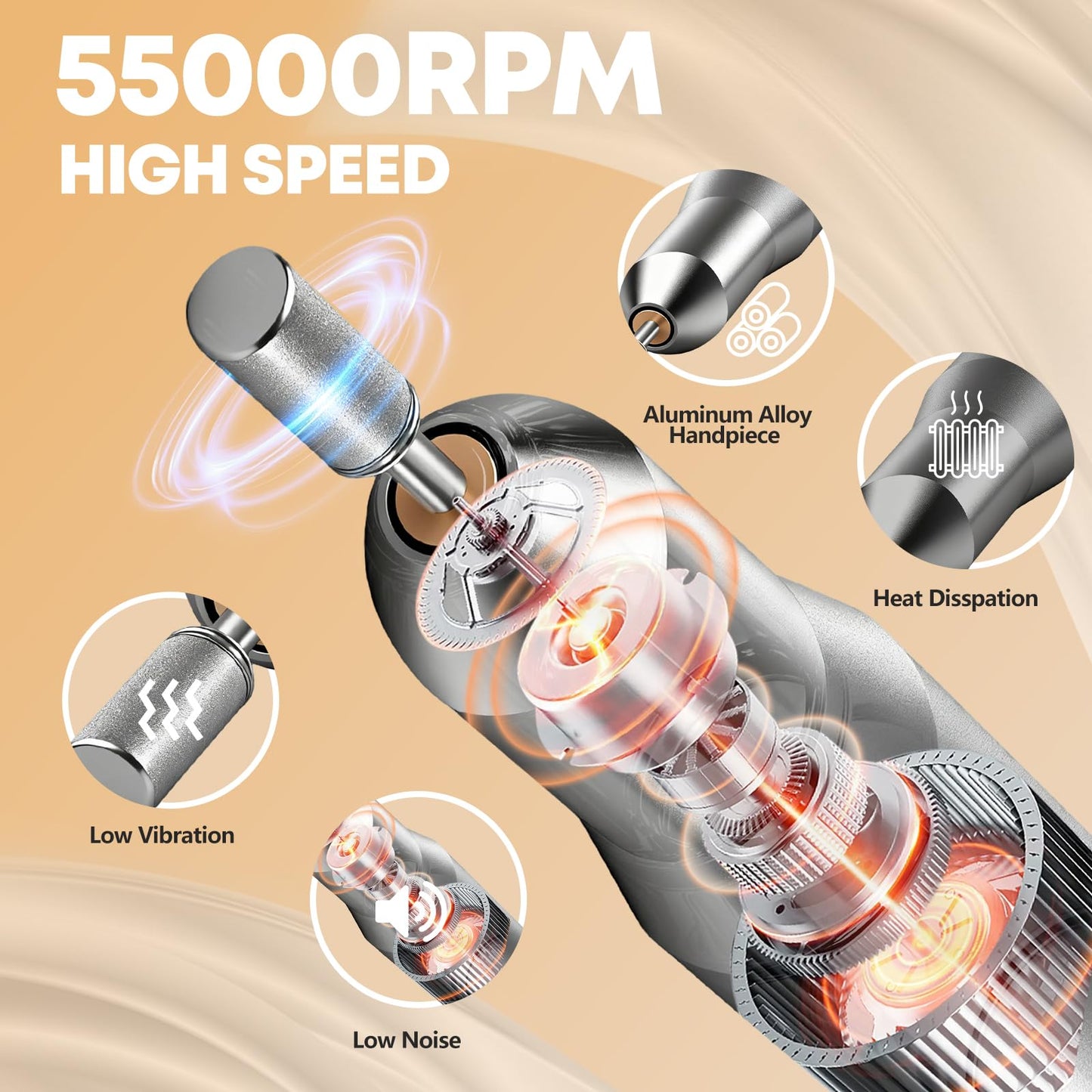 Professional Nail Drill Electric File, GEEZO 55000RPM Portable Cordless Nail Drill Machine with Bits, Rechargeable E File for Ac