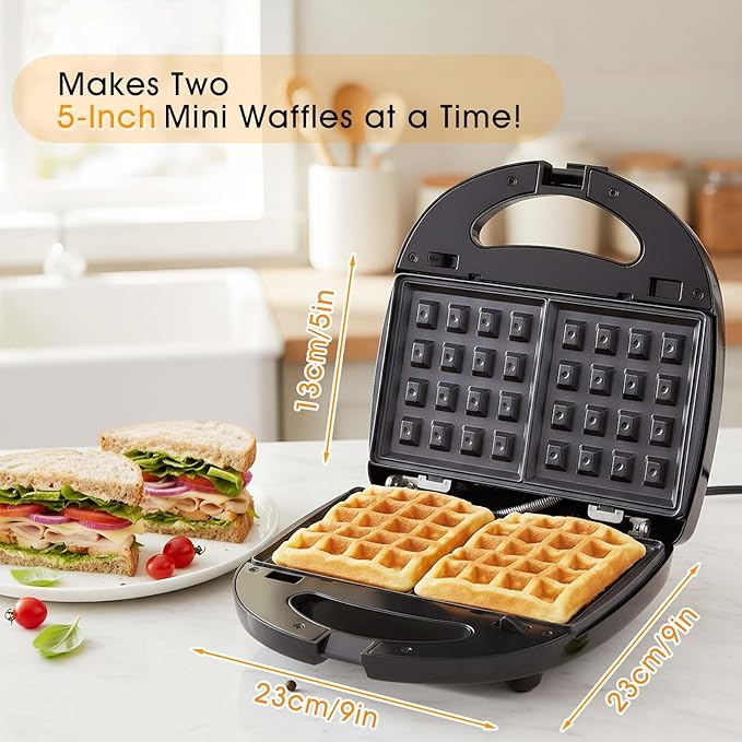 3-in-1 Mini Waffle Maker with Non-Stick Plates, Electric Sandwich Maker, Mini Donut Maker, Breakfast Sandwich Maker Press with Removable Plates, Compact Design & Adjustable Temperature Knob