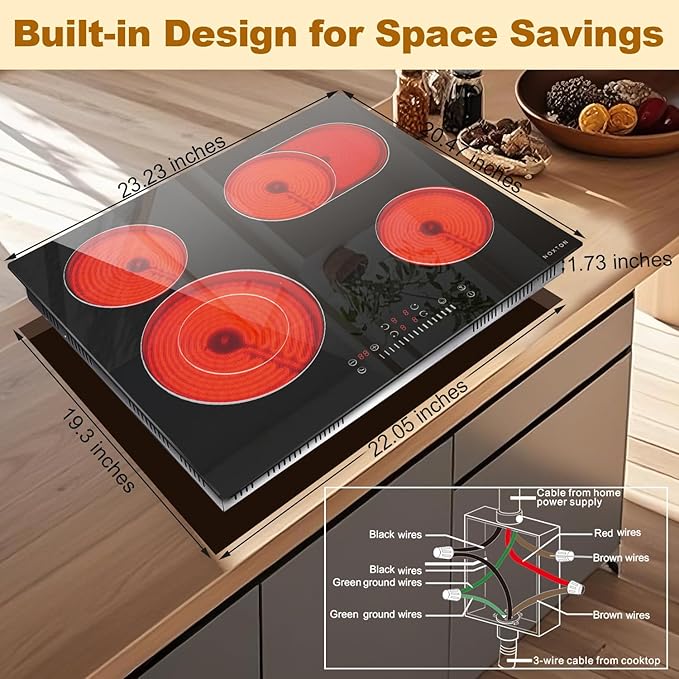 Noxton 24 Inch Electric Cooktop, 4 Burner Built-in Radiant Electric Stove Top, Slider Control, 9 Power Levels, Child Safety Lock, Timer, Oval Burner for Baking Pan, 6800W,220-240V, Hard Wired