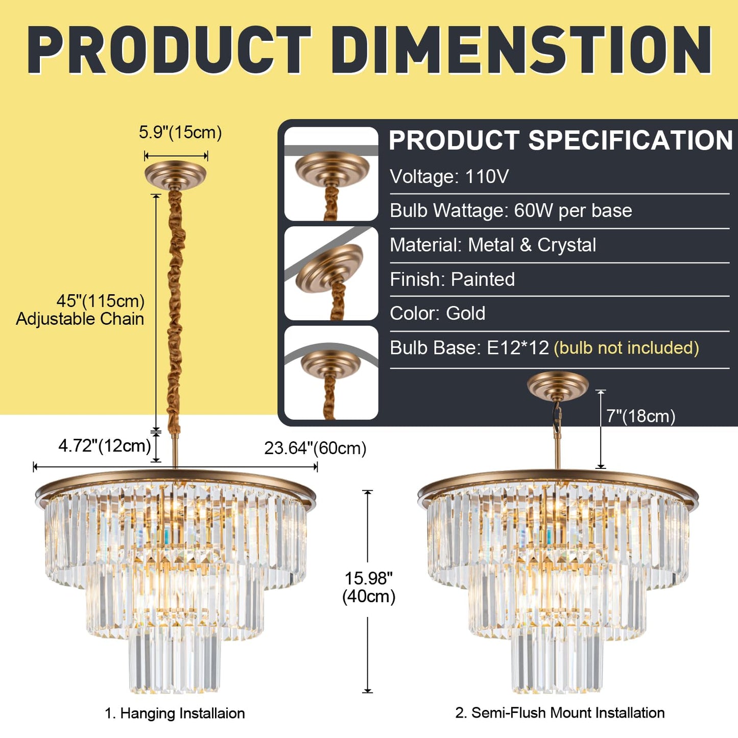 Brfaixla 12-Light 23.64 Gold Modern Crystal Chandelier Crystal Pendant Chandeliers Light Fixture 3-Tier Hanging Lighting For Living Dinning Room Bedroom Foyer