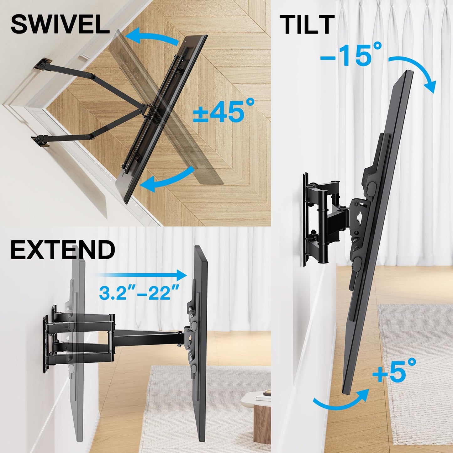 PERLESMITH Corner TV Wall Mount Full Motion, Corner TV Bracket Fits 37-70 Inch LED, LCD 4K Flat Curved Screen TVs Hold up to 99 lbs, Max VESA 600x400 Tilt, Swivel and Level, PSCLF1