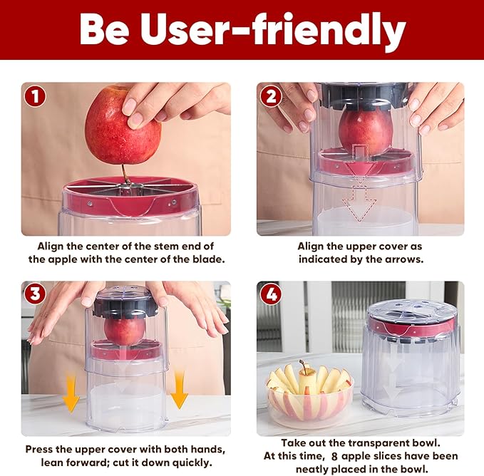 OOKUU Professional Apple Slicer, 8-Slice Ultra-Safe Heavy-Duty Stainless Steel Apple Cutter, 5.12-Inch Extra-Large Corer Cuts Apples All the Way Through with Clear Bowl