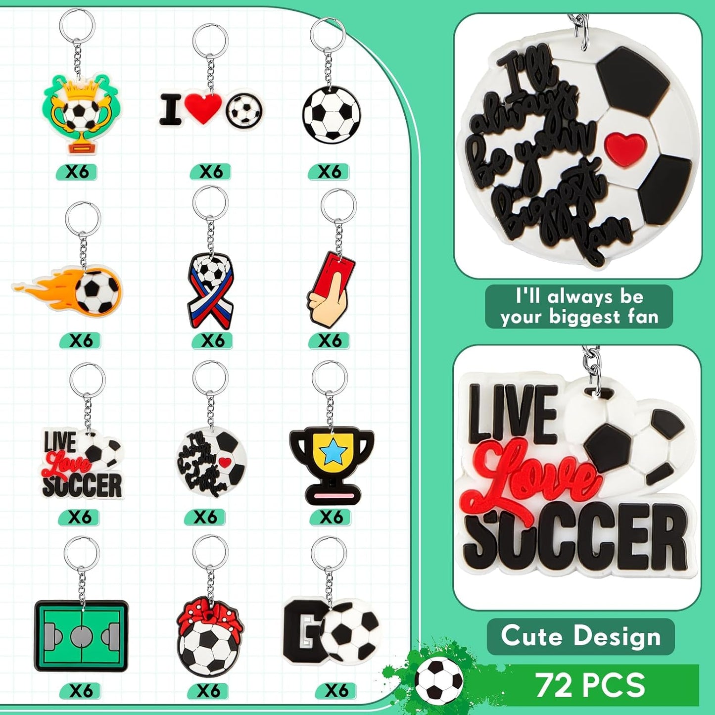 Batiyeer 72 Pack Soccer Keychains Bulk Party Favors Sports Ball Key Chains Funny Keyring Gifts for Birthday Supplies