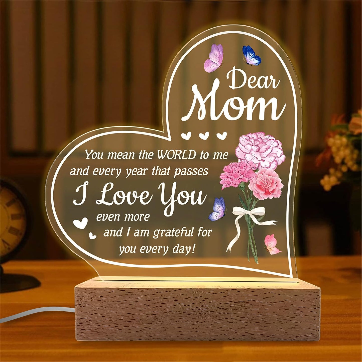 Hpydiy Carnation Heart Shape 3D Crystal Acrylic Light Base With Wood Stand  Led Light For Kids Room Decor  Gift For Mom On Birthday Or Holiday  Home D?Cor Art Display