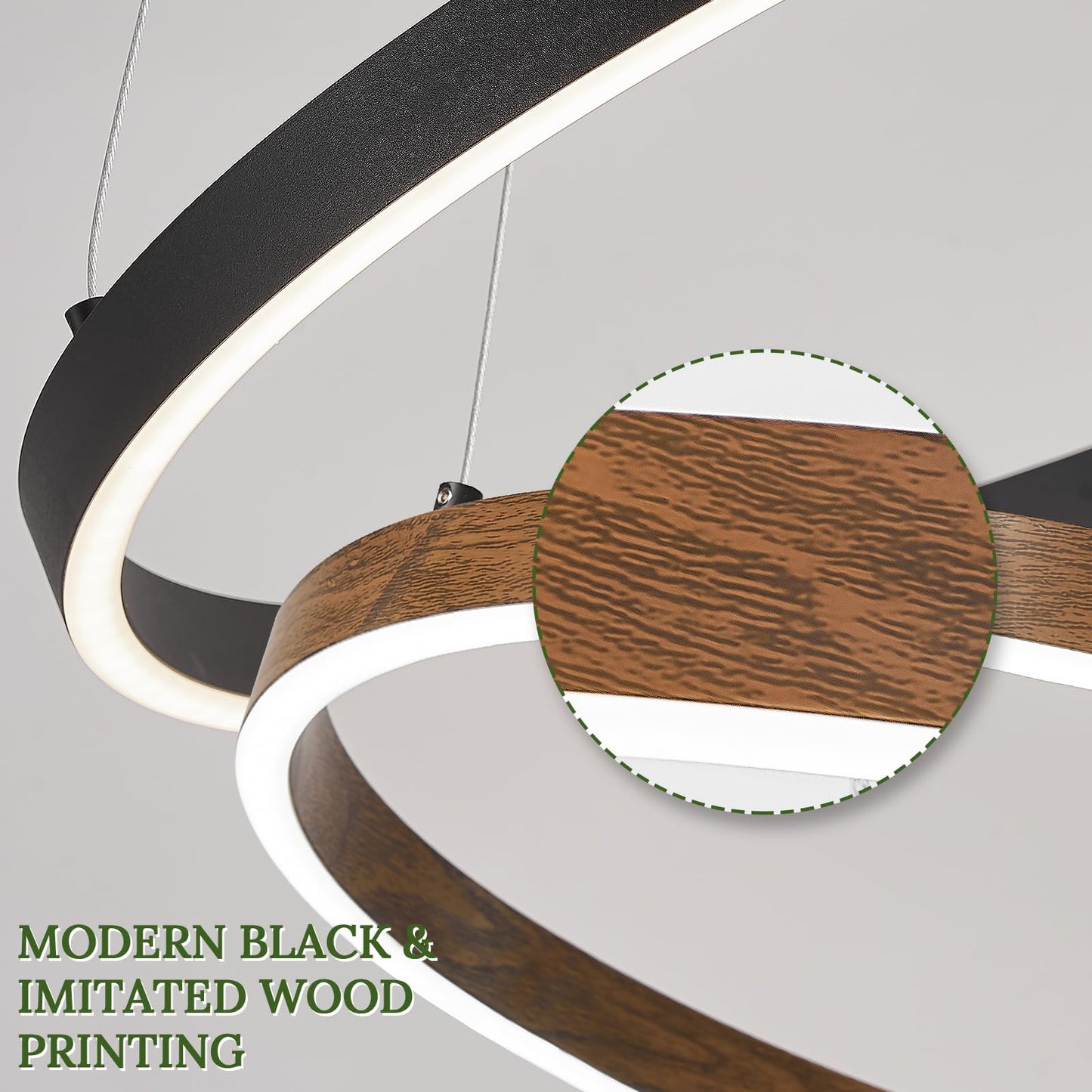 CaraLuxe LED Chandelier 3 Ring Pendant Light 75W Dimmable Black Walnut Wood 24in for Dining Room Living Room Kitchen