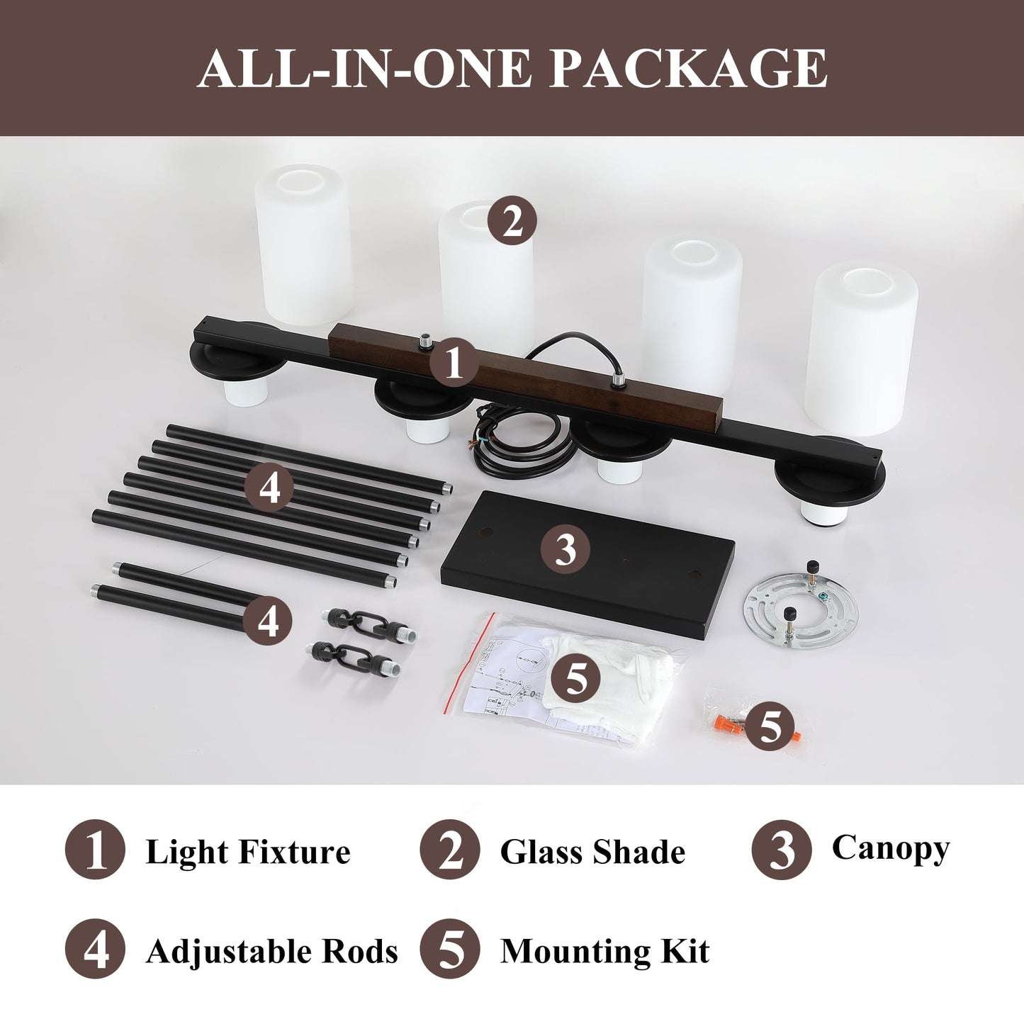 Mecgirn Farmhouse Dining Room Light Fixtures Over Table  Black Pendant Lights For Kitchen Island With Milk Glass Shade  4 Light Linear Chandelier Lighting With Wood