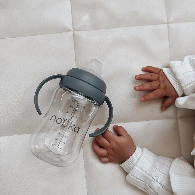 nouka Tritan Plastic Transitional Sippy Cup with Weighted Straw | Leak Proof and Easy Grip | Removable Handles | Deep Ocean