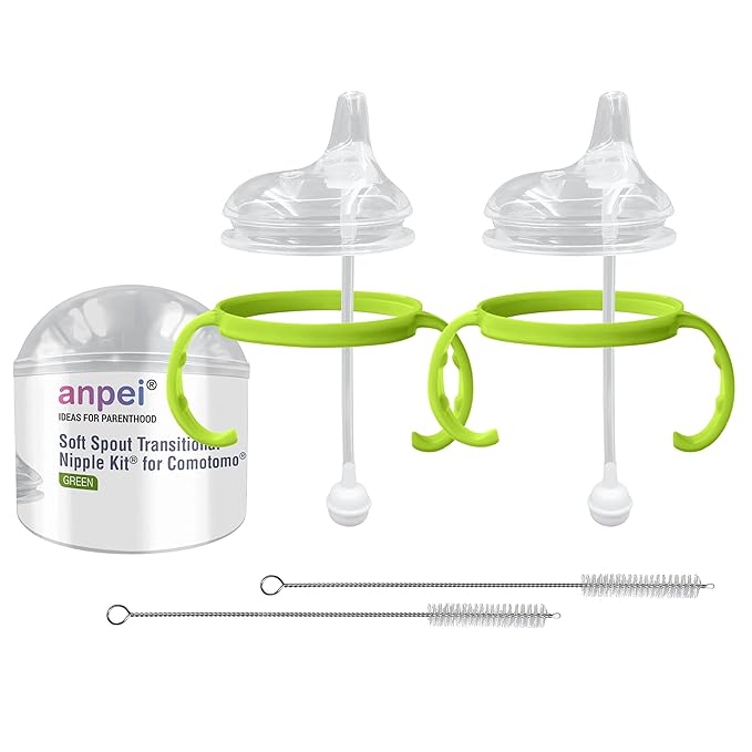 Sippy Cup Soft Spout Transitional Nipple Kit Bundle Compatible with Comotomo Baby Bottles, 5 oz and 8 oz | Value Bundle 2 Kits + Brushes (Green)