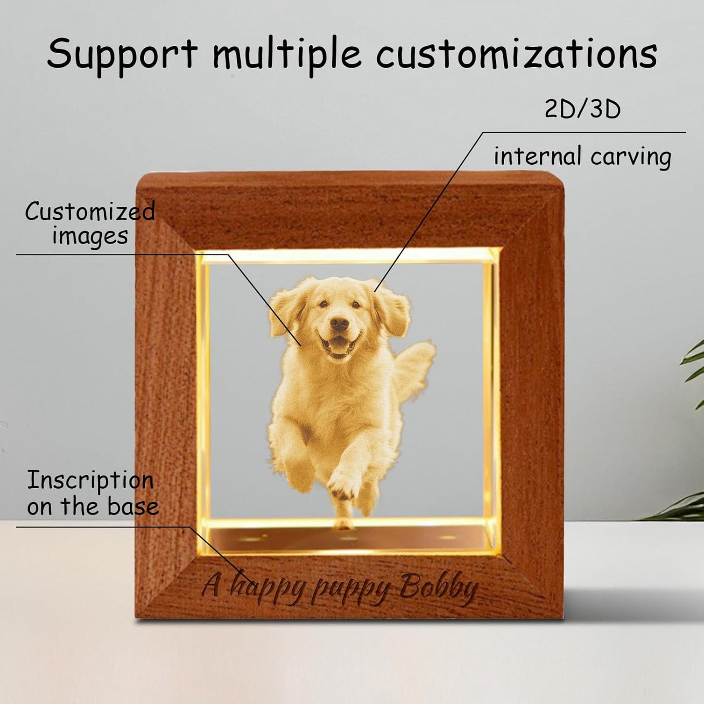 Custom 3D Crystal Photo Night Light – Personalized Glass Photo Ball with Customized 3D Picture Engraving, LED Light Wood Base, Unique Custom Gifts for Family, Pets, Birthday，Valentine's Day (Style 3)