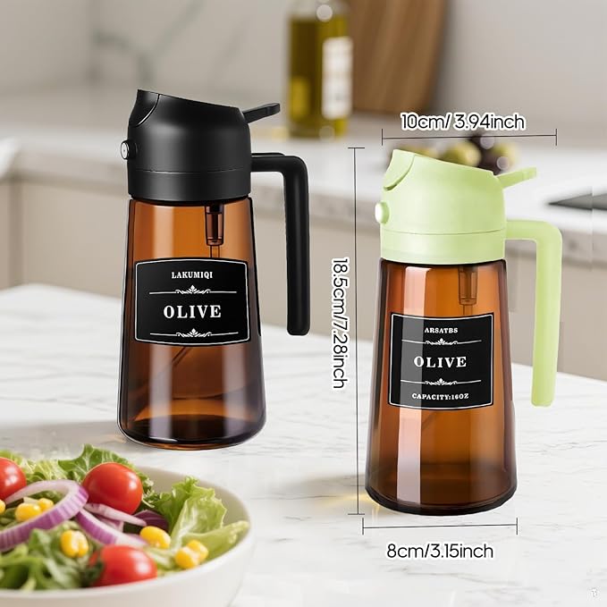 16oz/470ml Olive Oil Sprayer for Cooking, 2 in 1 Oil Dispenser Bottle Spray and Pour with Stickers, Premium Dark Brown Glass Oil Bottle for Air Fryer, and Salad