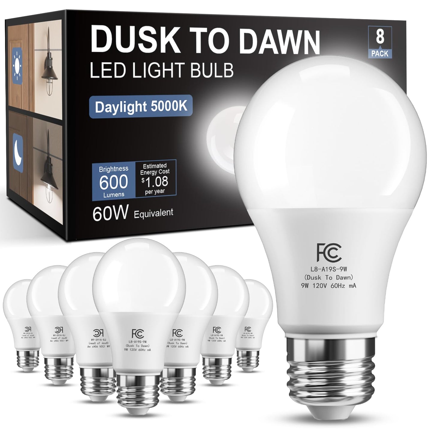 Tjoy 8 Pack Dusk To Dawn Light Bulbs Outdoor  Light Sensor A19 Led Light Bulb  Automatic On/Off Photocell Bulb For Outdoor Porch Lighting  60W Equivalent  Energy Efficient 9W  Daylight 5000K  E26 Base