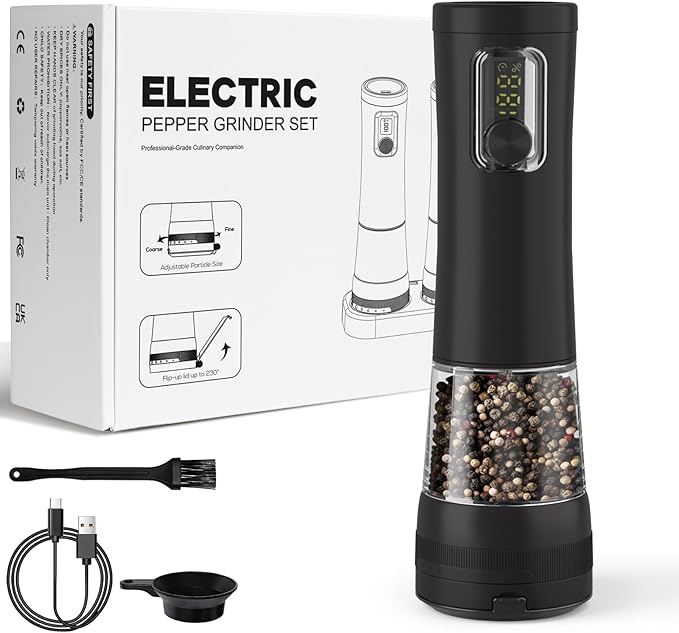 Electric Salt and Pepper Grinder, Rechargeable Automatic Pepper Mill with Base,5-Level Adjustable Coarseness, Display, LED Lighting, Large Capacity-Ideal for Kitchen, BBQ Gifts (1, Black-A)