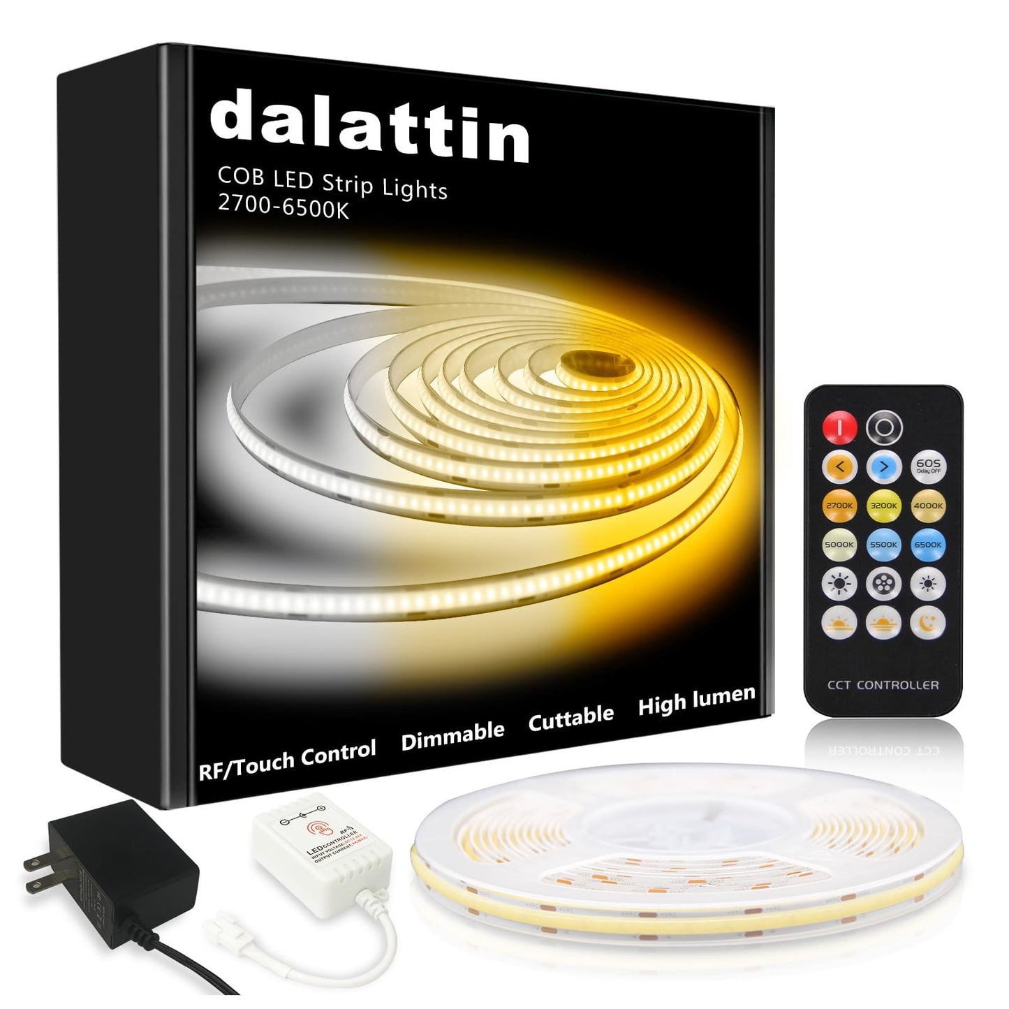dalattin COB LED Strip Lights, 608 LEDs/m, 16.4ft, Dimmable 2700K-6500K, White, Model DACOB24V5MRGB