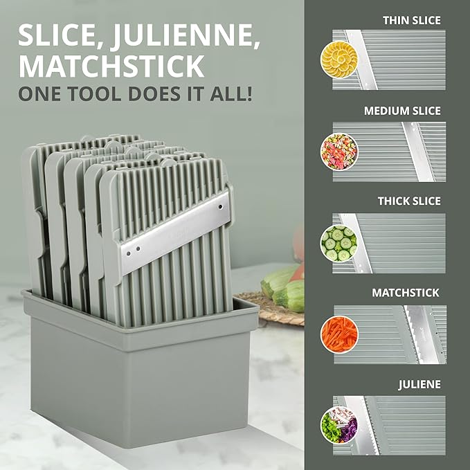 EMSON Safe Mandoline Slicer for Kitchen, All in 1 Mandoline Slicer for Food Works as Potato Slicer, Vegetable Slicer, Food Slicer, French Fry Cutter and More with 5 Blades and Storage Container