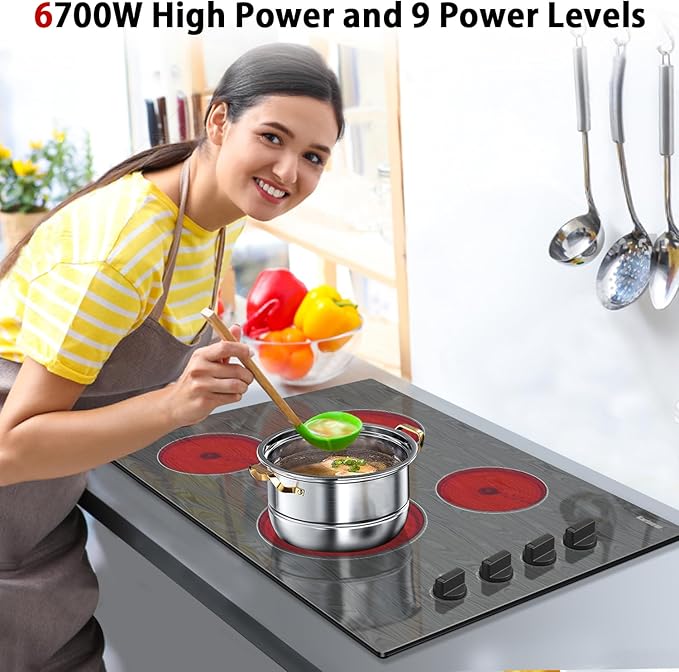 Karinear 30 Inch 4 Burners Electric Cooktop, Knob Control Electric Stove Glass Cooktops with Beautiful Wooden Pattern, 30" Built-in Radiant Ceramic Cooktop,6700W High Power,220-240v Hard Wire(No Plug)