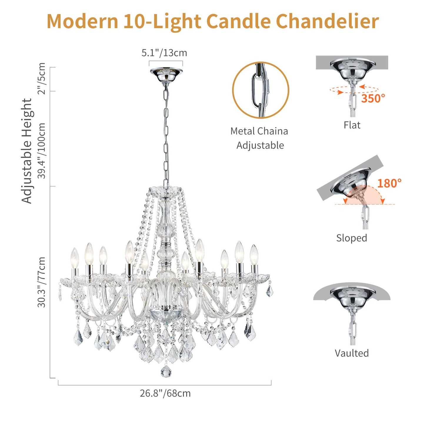 ANJIADENGSHI Large Crystal Chandelier, 10-Lights, Chrome, 30.3in H x 26.8in W, Model CL-3141CH-10,